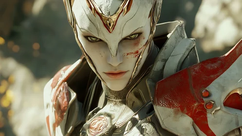 Battle-scarred cyber paladin with molten emerald gaze.