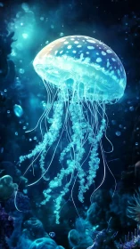 Luminous jellyfish drifts gently through a glowing blue sea