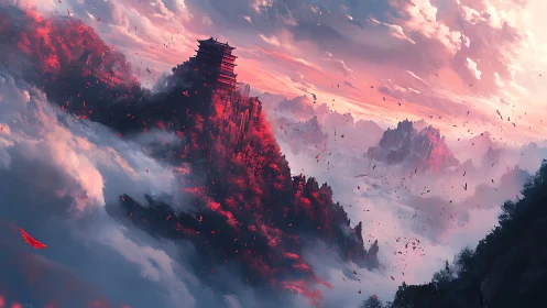 Skyborne crimson pagoda adrift in a dream of clouds.