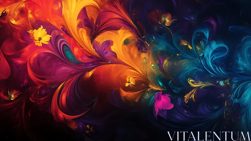 Swirling rainbow petals dance across a glowing night canvas