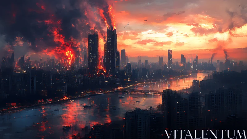 Burning futuristic skyline over river at dramatic sunset.