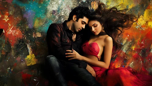 Intimate couple portrait with chromatic abstraction background rendering.