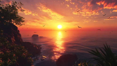 Radiant tropical sunset over rocky coast and open sea.