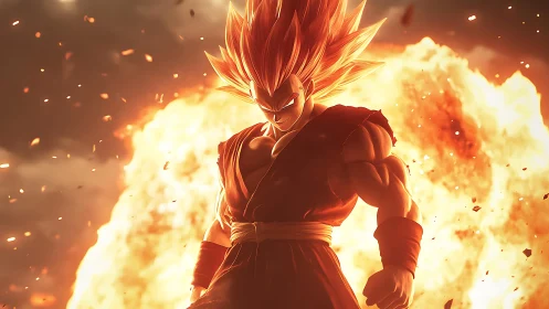 Blazing warrior ascends amid a storm of roaring fire.