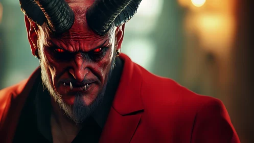3D demonic portrait in cinematic close-up with red tailoring.