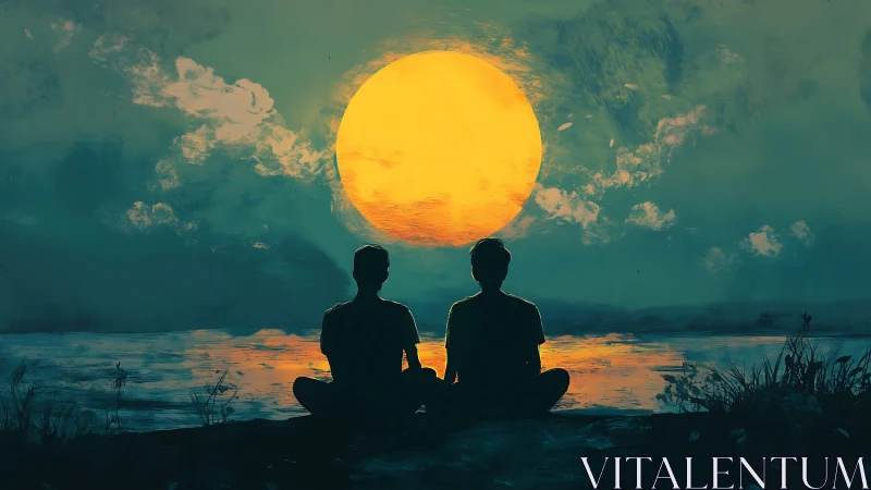 Silhouetted duo watching oversize sun above reflective lake.