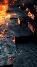 Molten-lit stone steps rise through a dark infernal path