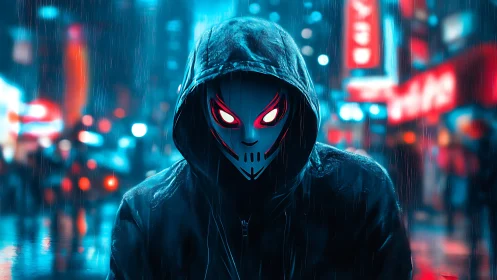 Hooded cyber mask confronts neon city streets at night.