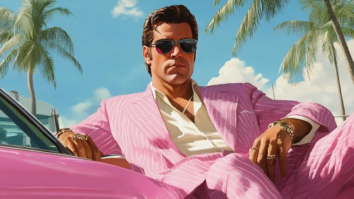 Confident man in pink suit leaning on car in sunlit street.