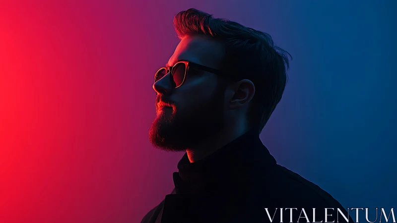 Cool bearded silhouette in glowing neon red and blue light.