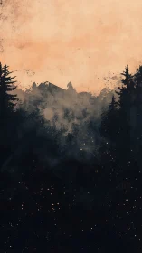 Forest silhouette rises beneath textured orange sky at dusk