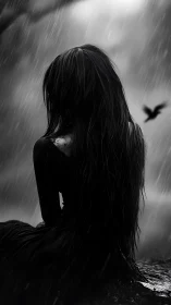 Girl sits in heavy rain with long wet hair falling down