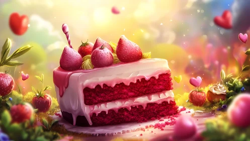 Red velvet cake slice surrounded by pink hearts, berries, golden light.