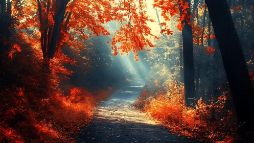 Autumn Forest Path with Golden Sunlight.