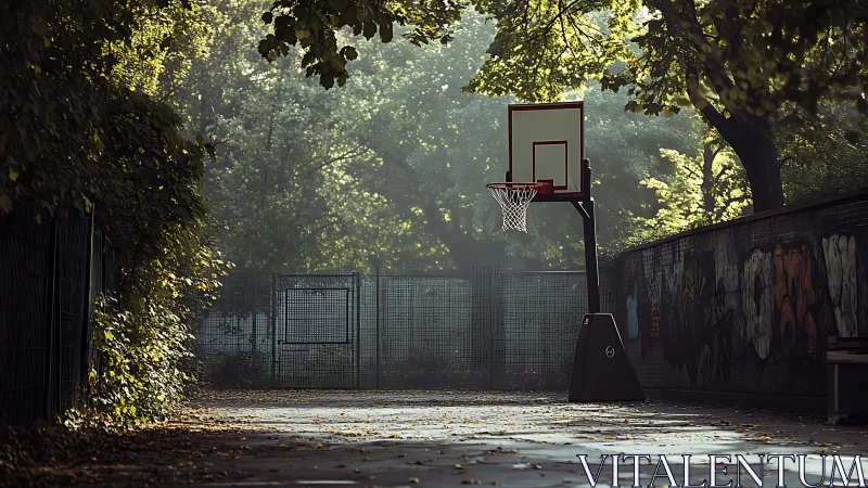 Outdoor basketball hoop on quiet tree-lined urban court.