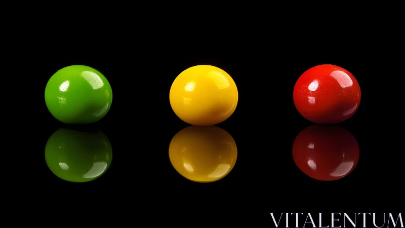 Three glossy colored spheres with strong reflections on black