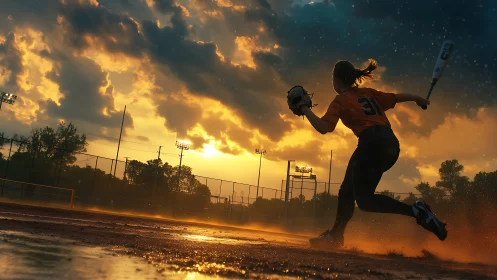 Softball player runs across wet field under dramatic sunset.