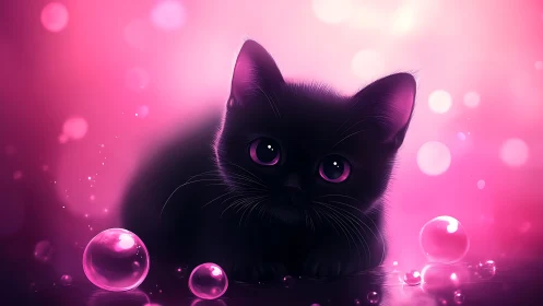 Black Cat with Luminous Eyes Against Neon Pink Bokeh Background