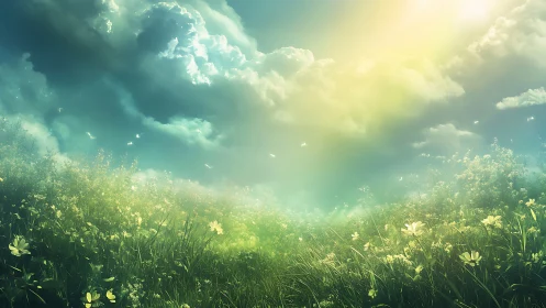 Sunlit wildflower meadow under dramatic cloudy sky.