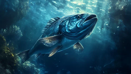 Majestic blue fish glides through a sunlit ocean cavern