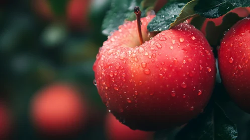 Rain-kissed orchard apples glowing in emerald shadow.