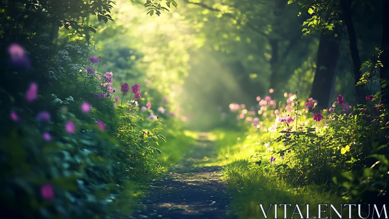 Sunlit Forest Path with Wildflowers in Dreamy Morning Light.