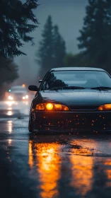 Rain-covered car reflects orange headlight glow on wet road