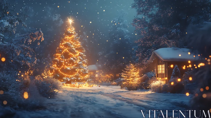 Snow covered forest yard with illuminated outdoor Christmas tree.