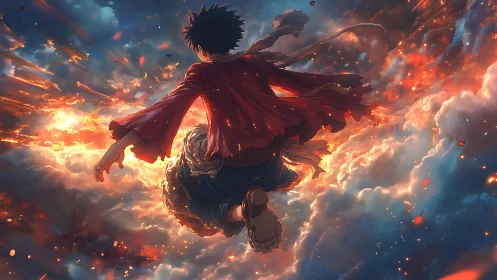 Shonen hero soars through burning storm clouds at dusk