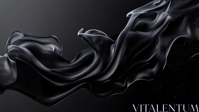 Black fluid ribbon twists through dark minimal gradient field.