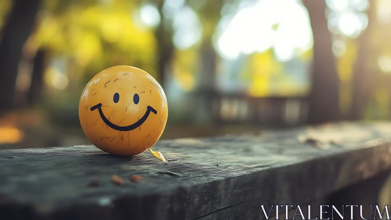Sunlit smiley ball rests on a rustic wooden park bench
