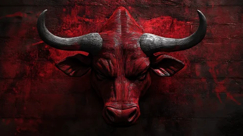 Red carved bull head sculpture on distressed wall surface.