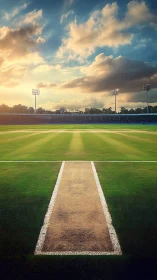 Sunlit cricket pitch waits quietly under a glowing sky