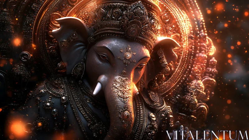 Elephant headed deity statue rendered in ornate golden detail