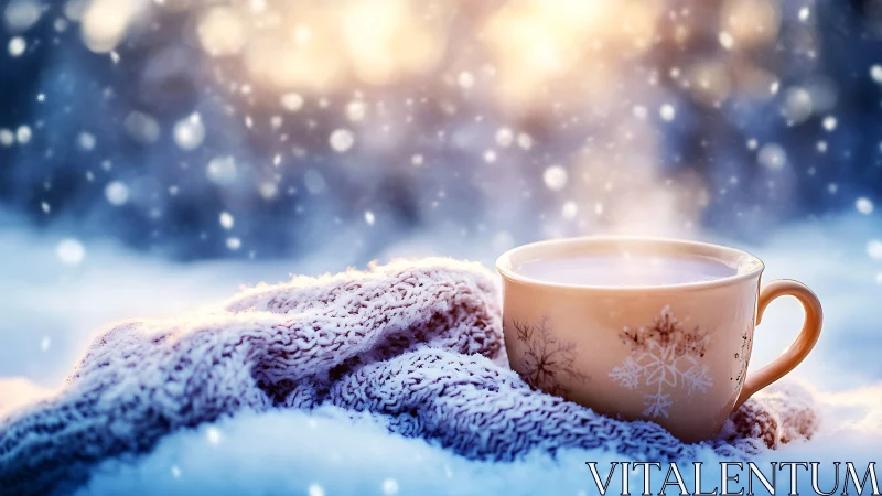 Cozy winter mug waits warmly on a snow-dusted knitted blanket