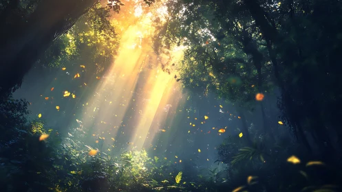 Golden sunbeams pierce a lush forest, igniting drifting leaves
