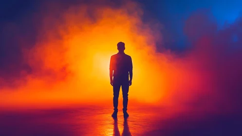 Silhouetted person against vivid orange and blue haze.