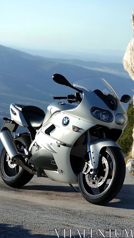 Sleek silver BMW motorcycle waits for an open mountain road