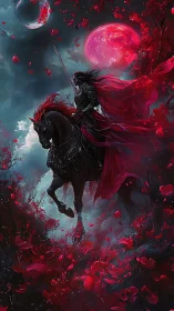 Blood-red knight rides through lunar blossom storm.