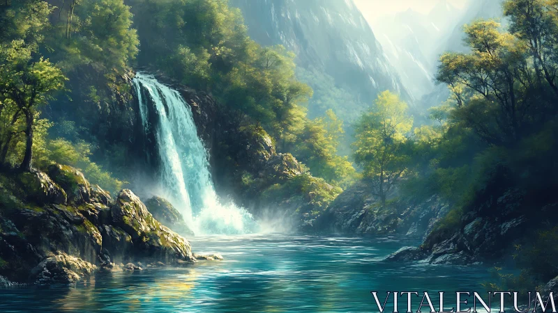 Sunlit mountain gorge waterfall with turquoise plunge pool