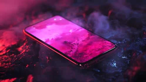 Neon dream smartphone resting in a misty electric glow.
