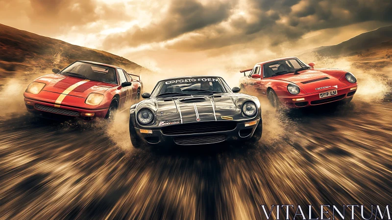 Tri-car rally sprint through wet dirt with dynamic motion blur