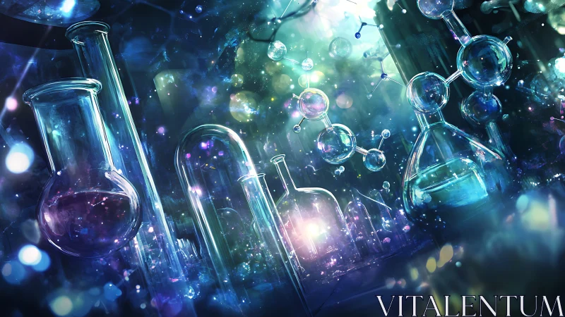 Glowing glass lab flasks surround floating molecular structures