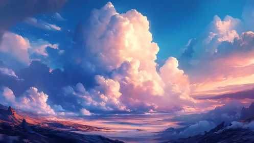 Towering sunlit clouds rise above wide coastal landscape