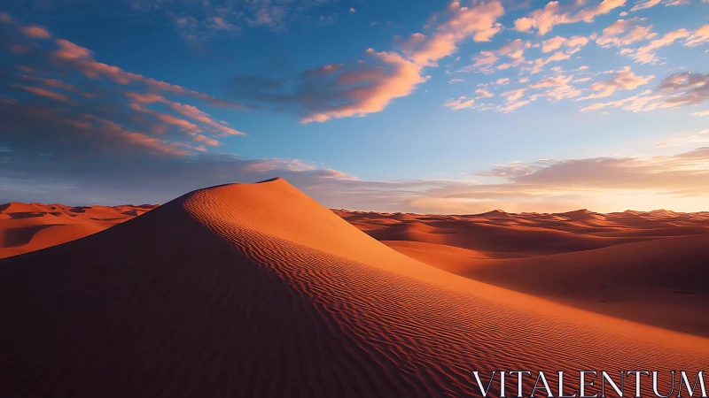Sunlit crescent dune ridge with desert ripples at golden hour