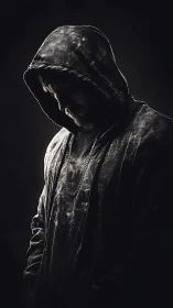 Hooded man stands in dramatic shadow, lost in solemn thought