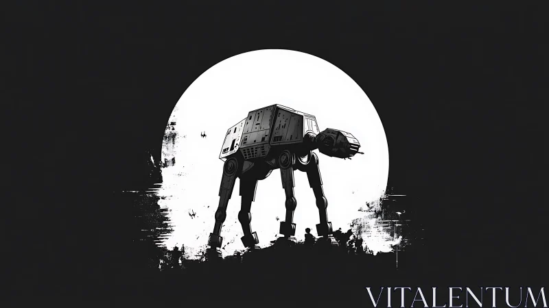 Moonlit war walker strides through ink-splashed nightscape.