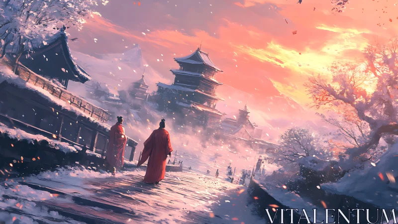 Winter temple walk beneath a glowing peach sunrise.