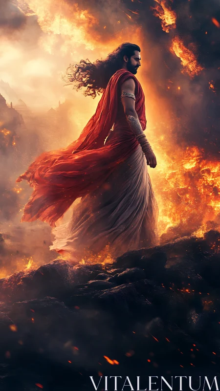 Fiery warrior walks through blazing embers with calm strength