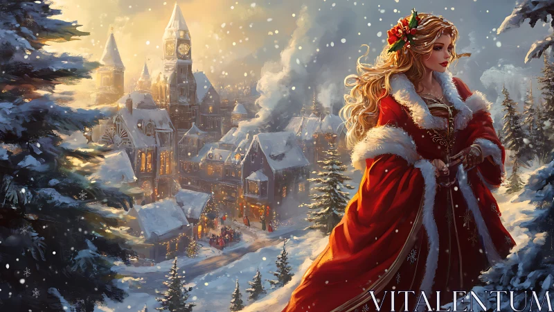 Christmas lady in red gown surveys a glowing winter village